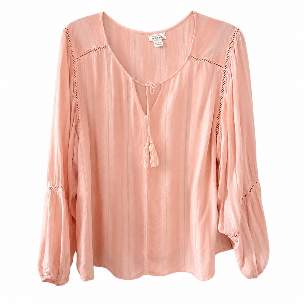 Ariat Peasant Blouse Womens XXL Coral Tassel Tie Neck Long Sleeve Boho